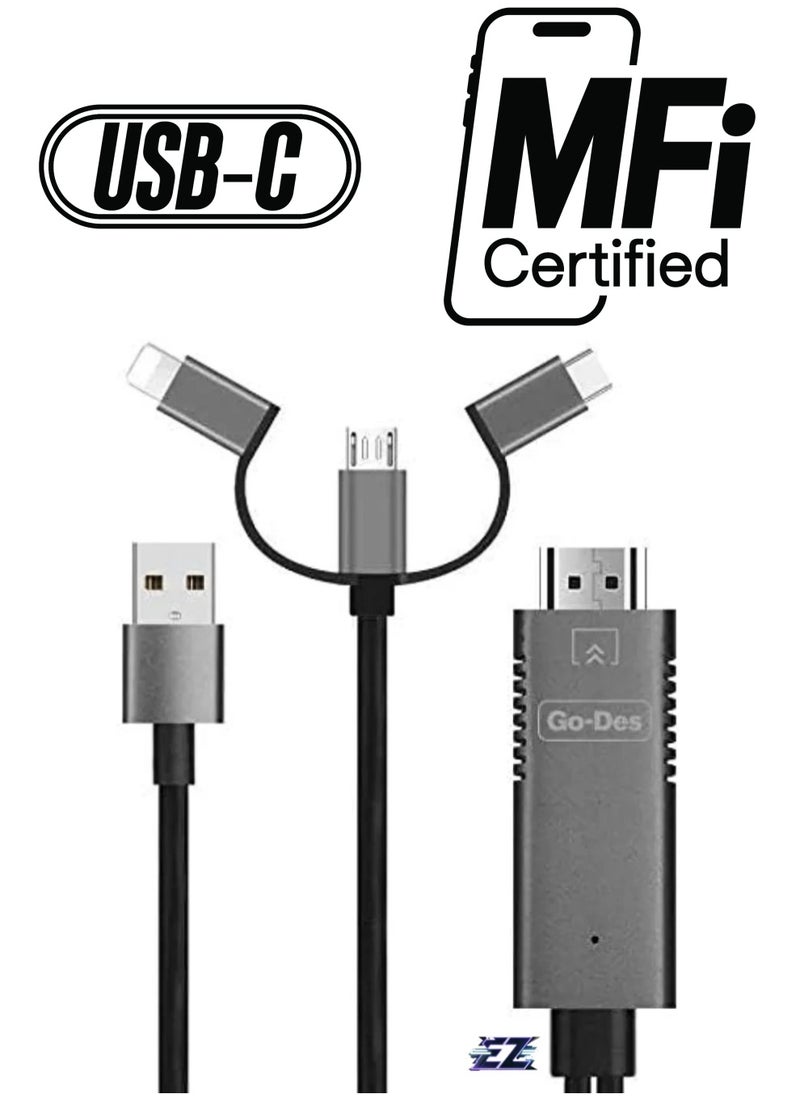 3-in-1 HDMI Cable Adapter – Lightning, Micro USB & USB-C to HDMI, 4K Ultra HD, Plug & Play, Charging While Displaying, Compatible with Android & iOS Devices