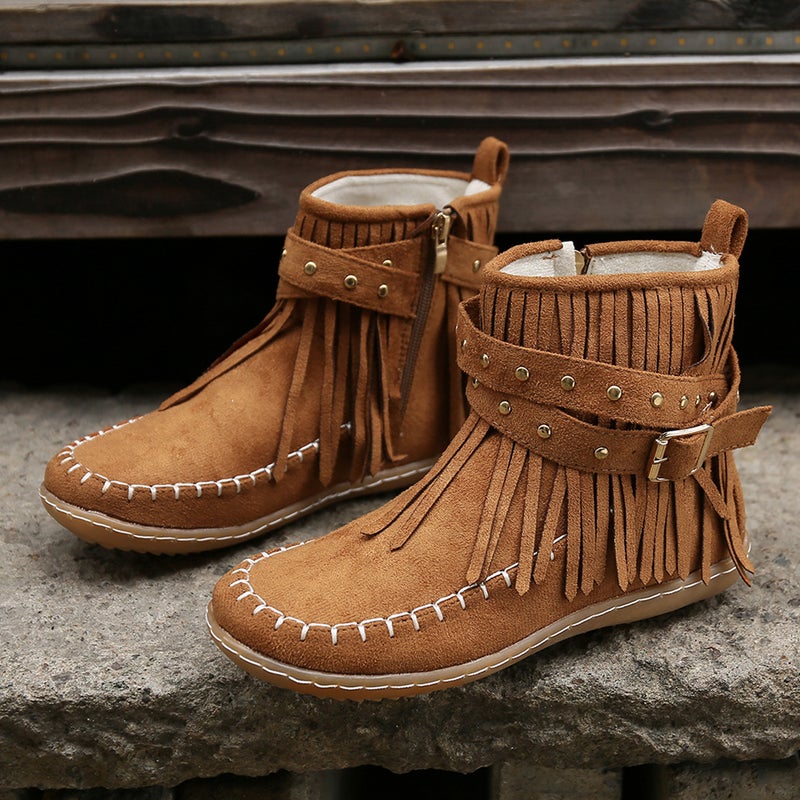 New Women'S Martin Boots Large Size Belt Buckle Stitched Tassel Flat Short Boots - Image 2