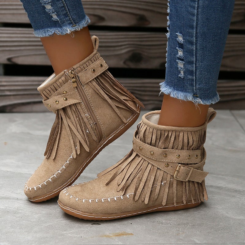 New Women'S Martin Boots Large Size Belt Buckle Stitched Tassel Flat Short Boots - Image 5