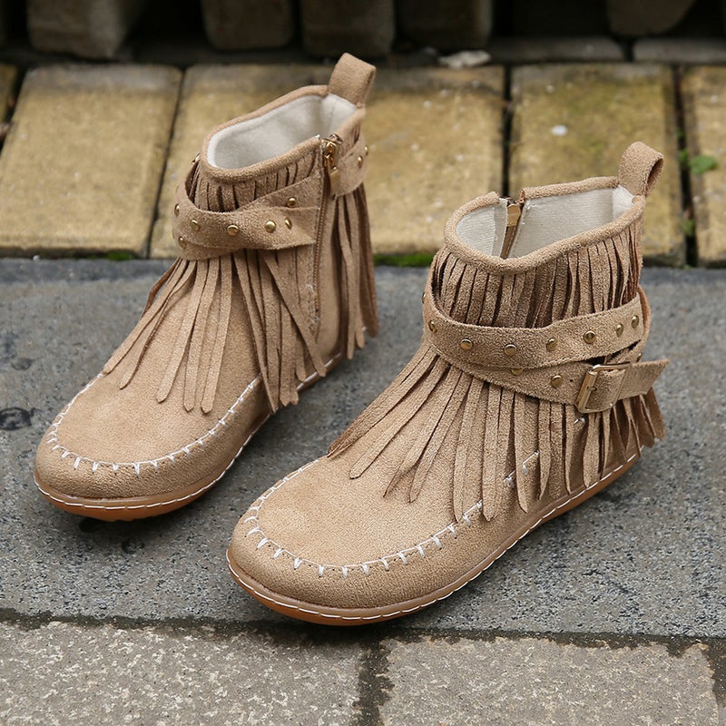 New Women'S Martin Boots Large Size Belt Buckle Stitched Tassel Flat Short Boots - Image 1