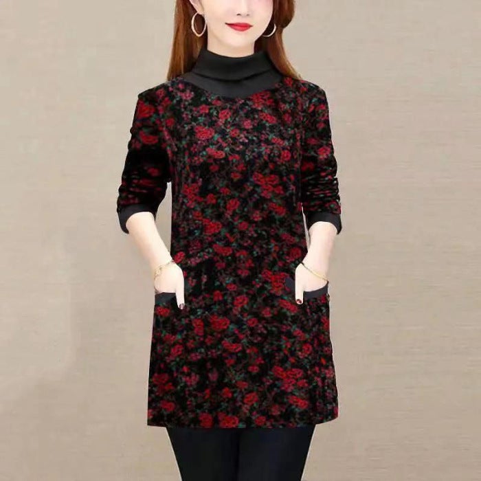 Imitation Super Autumn and Winter fleece-lined Thickened Middle-aged and Elderly Mothers Wear 2023 New Western Style Long Sleeve fleece-lined Base Shirt for Women red flower 