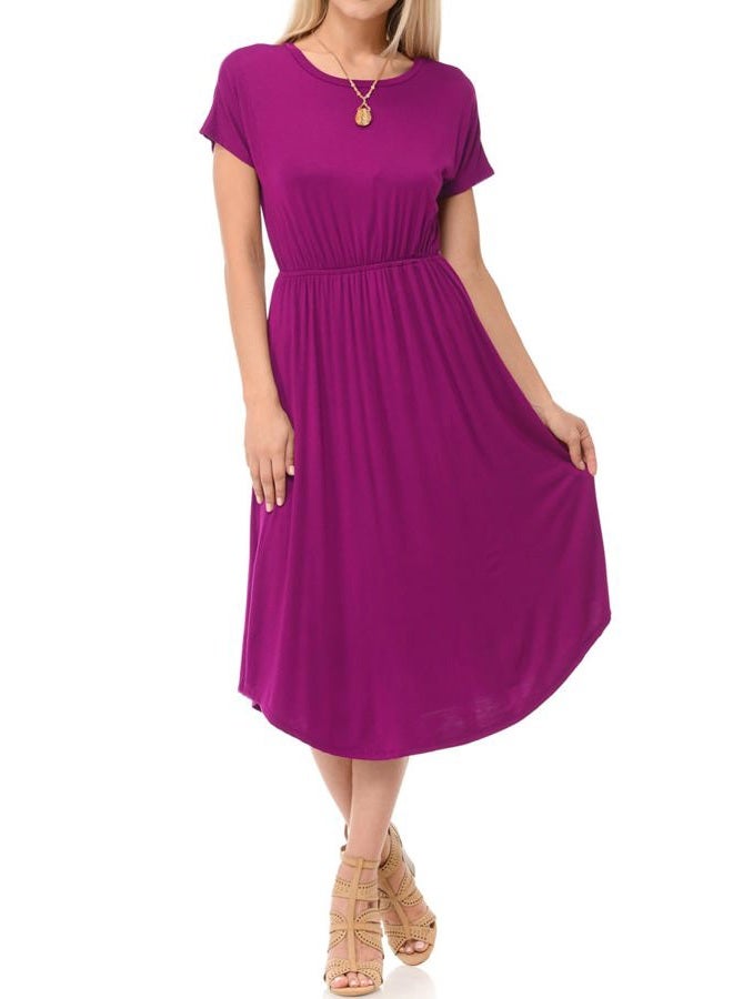 iconic luxe Women's Short Sleeve Flare Midi Dress with Pockets in Solid and Floral - Made in USA, Magenta, M - Image 1