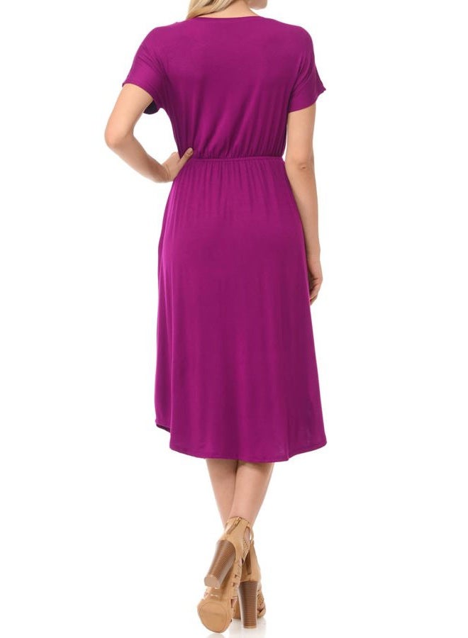 iconic luxe Women's Short Sleeve Flare Midi Dress with Pockets in Solid and Floral - Made in USA, Magenta, M - Image 4