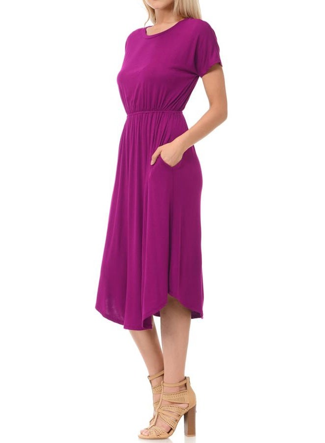 iconic luxe Women's Short Sleeve Flare Midi Dress with Pockets in Solid and Floral - Made in USA, Magenta, M - Image 3