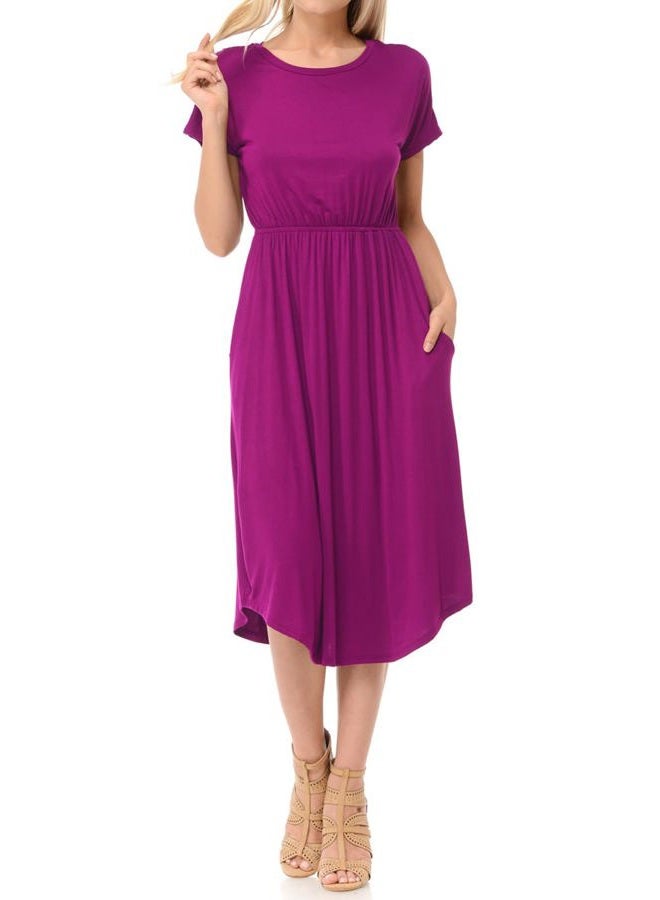 iconic luxe Women's Short Sleeve Flare Midi Dress with Pockets in Solid and Floral - Made in USA, Magenta, M - Image 2