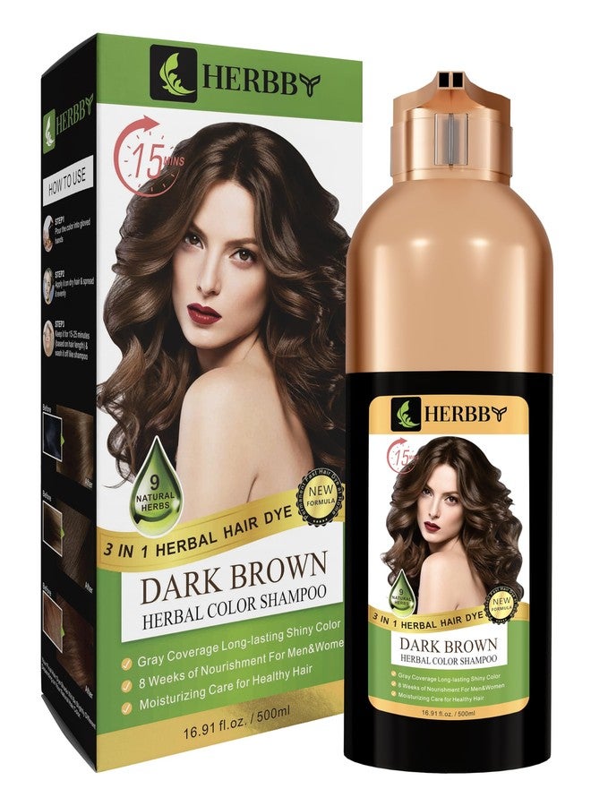 HERBBY Hair Color Shampoo for Gray Hair Coverage&Color Transform with 9 Herbal Extracts -Long Lasting(6-8 Weeks),Shiny,Evenly Colored,Instant Hair Dye Shampoo&Conditioner, 500 Ml (DARK BROWN COLOR) - Image 1