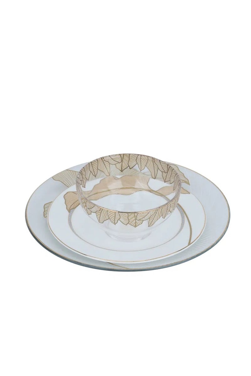 Alsaif Gallery Al Saif Gallery Porcelain Serving Plate Set, 3 Pieces, Gold Engraving, Round - White - Image 1