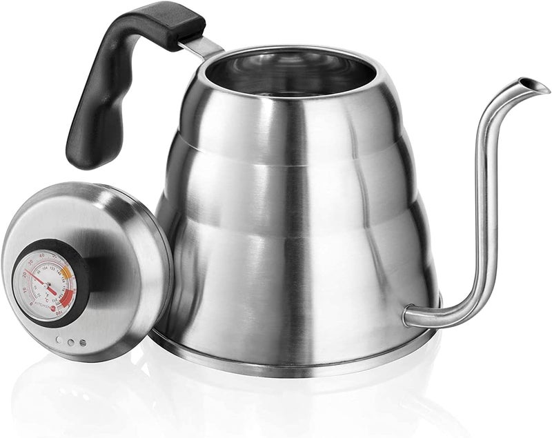 Coffee Drip Pitcher with Thermometer - 1L V60 Stainless Steel Coffee Pot Long Pour Over Neck Perfect Pour Over Coffee Kettle for Gas and Electric Stove, Home and Trip (Silver) - Image 1