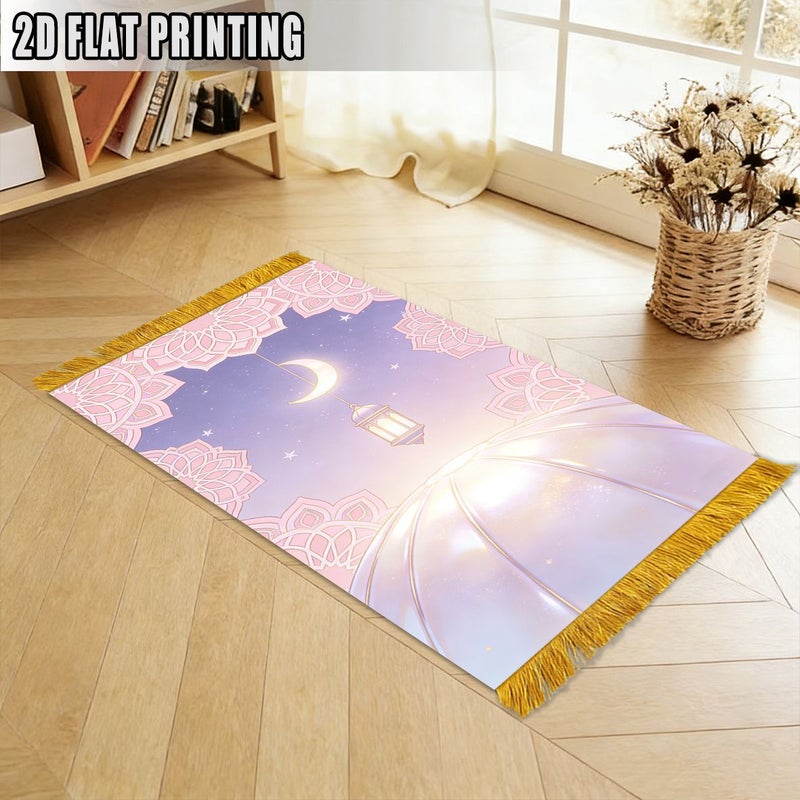 Light Pink Star Moon Prayer Rug 43.31x27.56 Inches Lightweight Foldable Polyester with Tassels for Home Balcony Travel Worship - Image 1