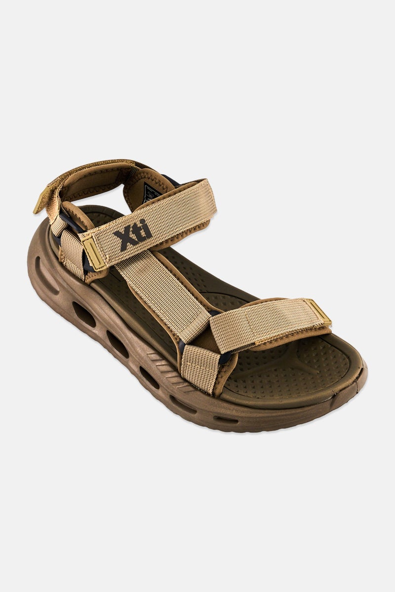 Xti Men Brand Logo Velcro Closure Sandals, Taupe - Image 1