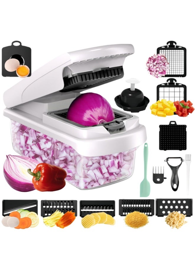 نيوب مفرمة خضروات 15 في 1 مع 7 شفرات من الفولاذ المقاوم للصدأ، مفرمة طعام متعددة الوظائف لتقطيع الجزر والبطاطس والثوم وقاطعة البصل، تتضمن فاصل بيض ومقشرة، أداة مطبخ خالية من مادة BPA (أبيض) - Image 1