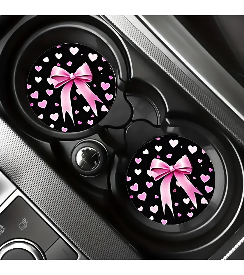 Non Slip Rubber Car Coasters Pink Ribbon Bow Cup Holder Liners 2 Pack - Image 4