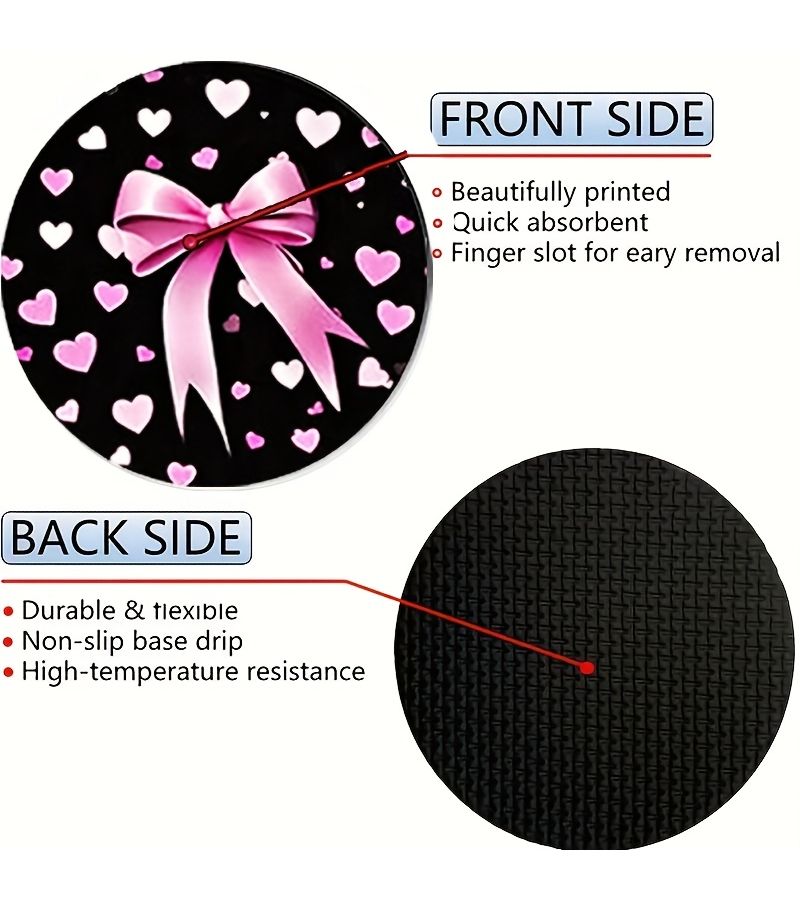 Non Slip Rubber Car Coasters Pink Ribbon Bow Cup Holder Liners 2 Pack - Image 2