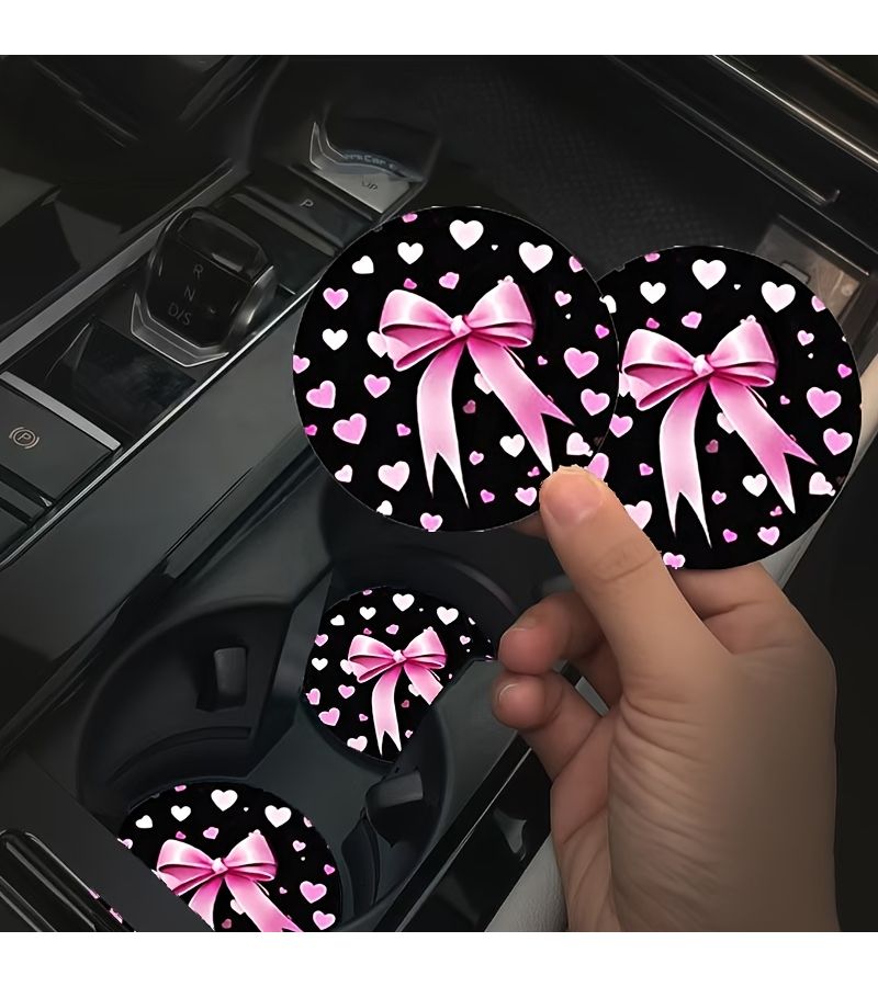 Non Slip Rubber Car Coasters Pink Ribbon Bow Cup Holder Liners 2 Pack - Image 1