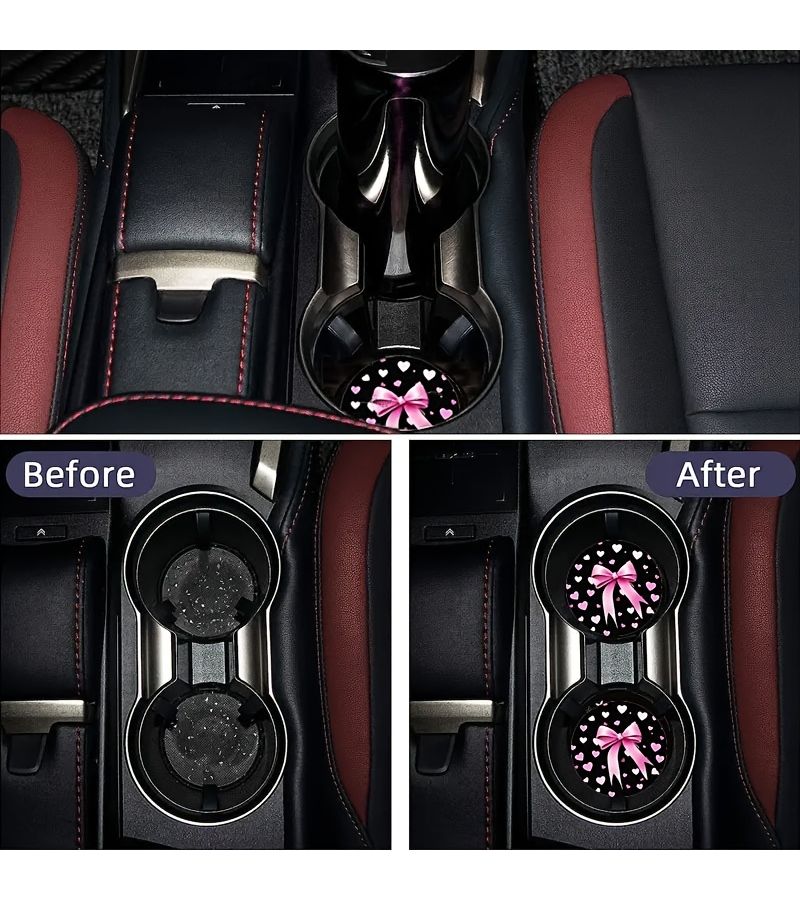 Non Slip Rubber Car Coasters Pink Ribbon Bow Cup Holder Liners 2 Pack - Image 5
