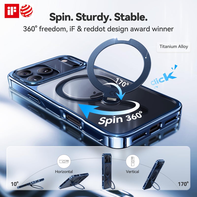 CASEKOO Deep Blue Glossy Designed for iPhone 17 Pro Case with 360 Spin Magnetic Stand [Fit for MagSafe][17FT Military Protection] Slim Polished Frame Titanium Alloy Sturdy Stand 6.3'', Deep Blue - Image 3