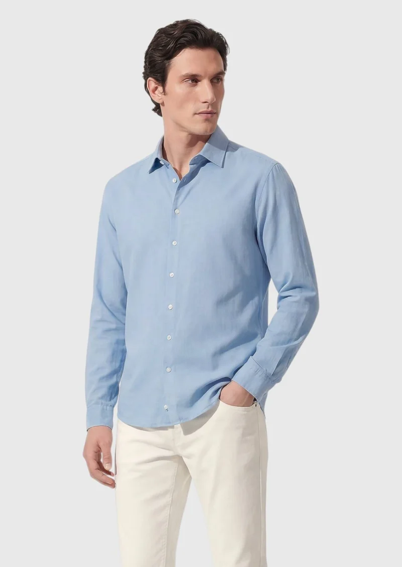 RAMSEY Blue Plain Casual Fit Long Weaving Casual 100% Cotton Shirt