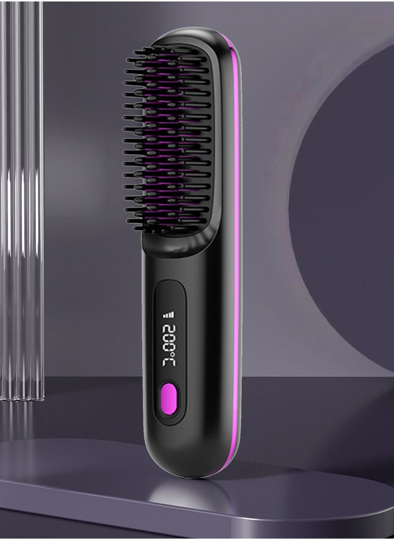 Generic - Electric Hair Straightener Brush, Portable Ceramic Ionic Straightening Comb and Curler, LED Display, Fast Heating, 3 Temp Settings & Anti-Scald Head Massager for All Hair Types, Black - Image 1