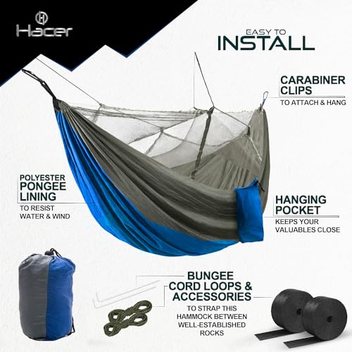 HACER Portable Outdoor Camping Hammock with Mosquito Net & Carabiner Nylon Windproof Hanging Swing for Hiking Backpacking - Blue & Gray - Image 2