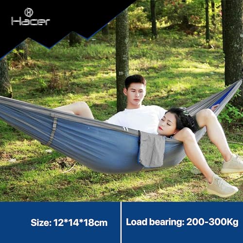 HACER Portable Outdoor Camping Hammock with Mosquito Net & Carabiner Nylon Windproof Hanging Swing for Hiking Backpacking - Blue & Gray - Image 4