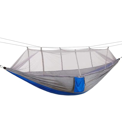 HACER Portable Outdoor Camping Hammock with Mosquito Net & Carabiner Nylon Windproof Hanging Swing for Hiking Backpacking - Blue & Gray - Image 1
