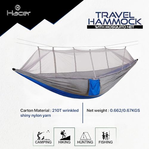 HACER Portable Outdoor Camping Hammock with Mosquito Net & Carabiner Nylon Windproof Hanging Swing for Hiking Backpacking - Blue & Gray - Image 3