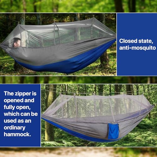 HACER Portable Outdoor Camping Hammock with Mosquito Net & Carabiner Nylon Windproof Hanging Swing for Hiking Backpacking - Blue & Gray - Image 5