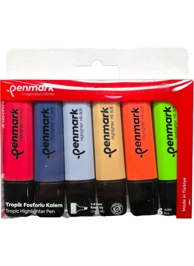 PENMARK Highlighter Pen 6 Acetate Mixed Color Tropical 86831817711334 HS-505-6T 709705  - Image 1