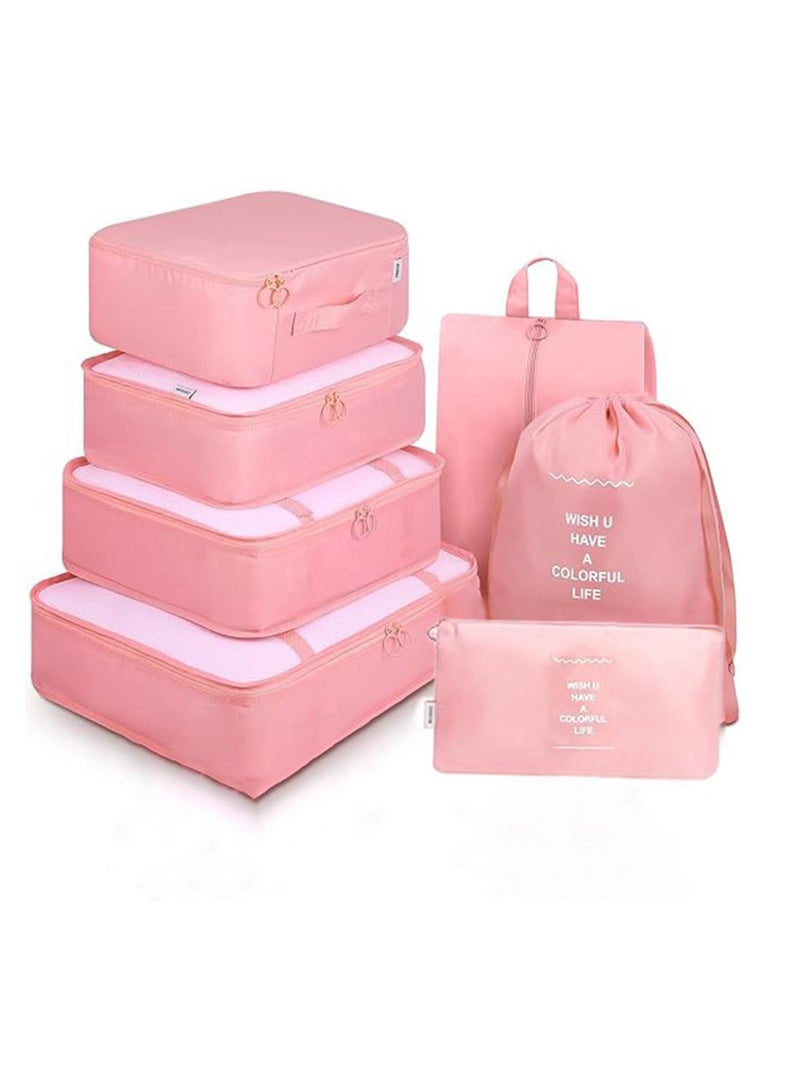 GOGO 7-Piece Packing Cube Set – Lightweight Travel Organizers with Mesh Bags, Drawstring Bag, Shoe Bag, Bra Bag, and Flat Pocket – Travel Essentials, Pink - Image 1