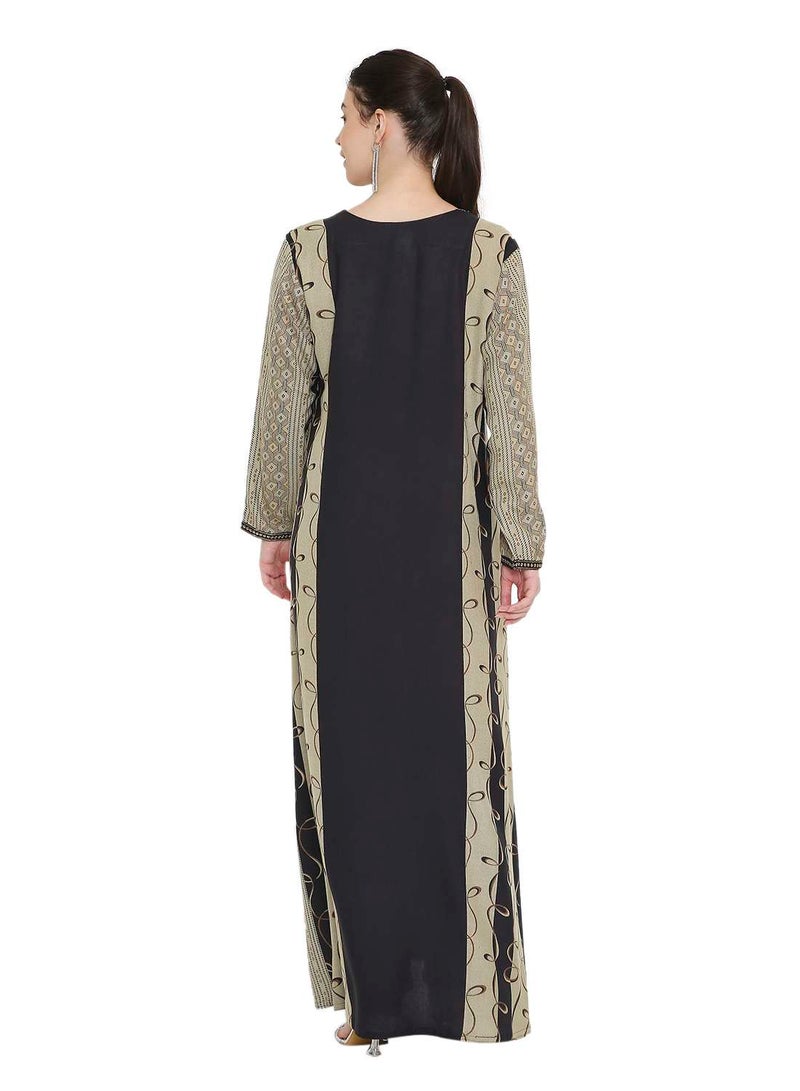 هانا آند سارا جلابية عربية نسائية باللونين الأسود والبيج، مزينة بتطريز على الرقبة - فستان قفطان أنيق بأكمام طويلة - Image 2