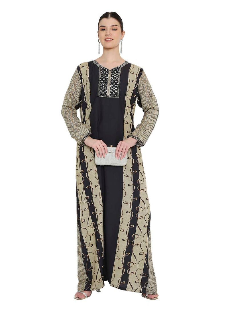 هانا آند سارا جلابية عربية نسائية باللونين الأسود والبيج، مزينة بتطريز على الرقبة - فستان قفطان أنيق بأكمام طويلة - Image 1