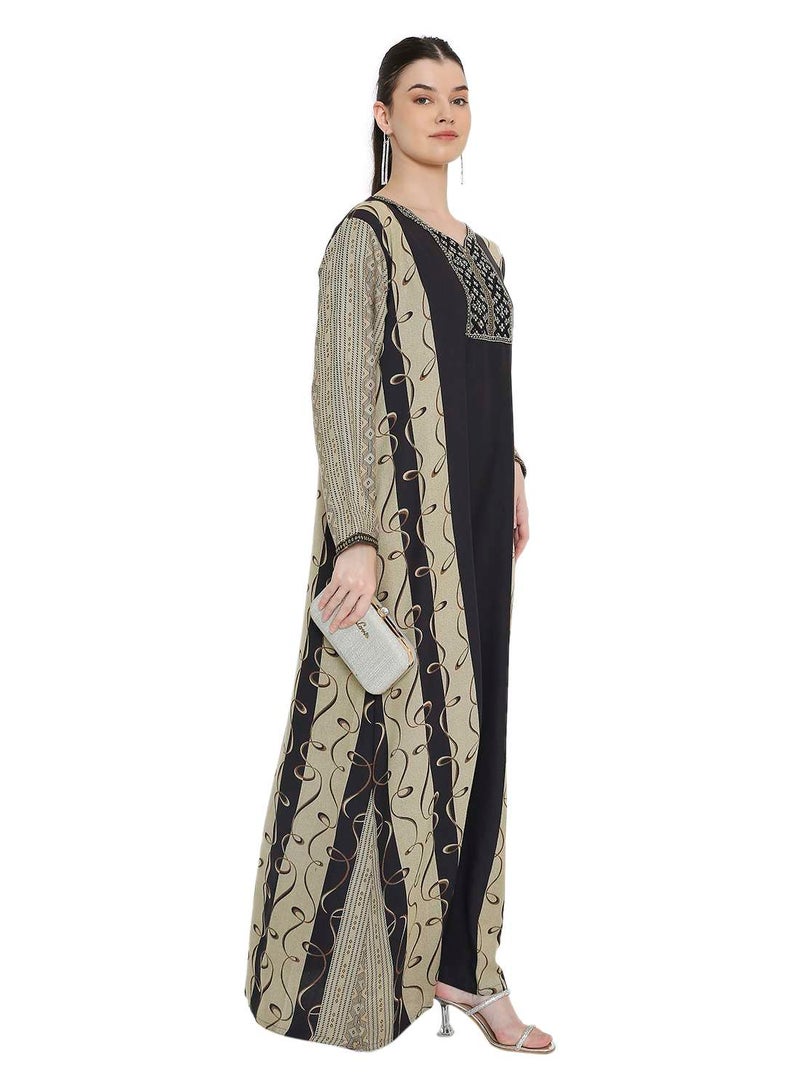هانا آند سارا جلابية عربية نسائية باللونين الأسود والبيج، مزينة بتطريز على الرقبة - فستان قفطان أنيق بأكمام طويلة - Image 5