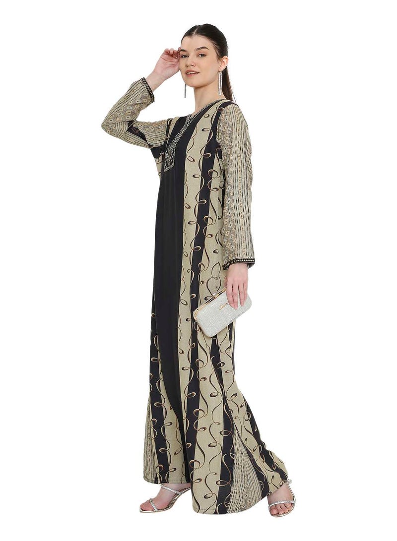 هانا آند سارا جلابية عربية نسائية باللونين الأسود والبيج، مزينة بتطريز على الرقبة - فستان قفطان أنيق بأكمام طويلة - Image 4