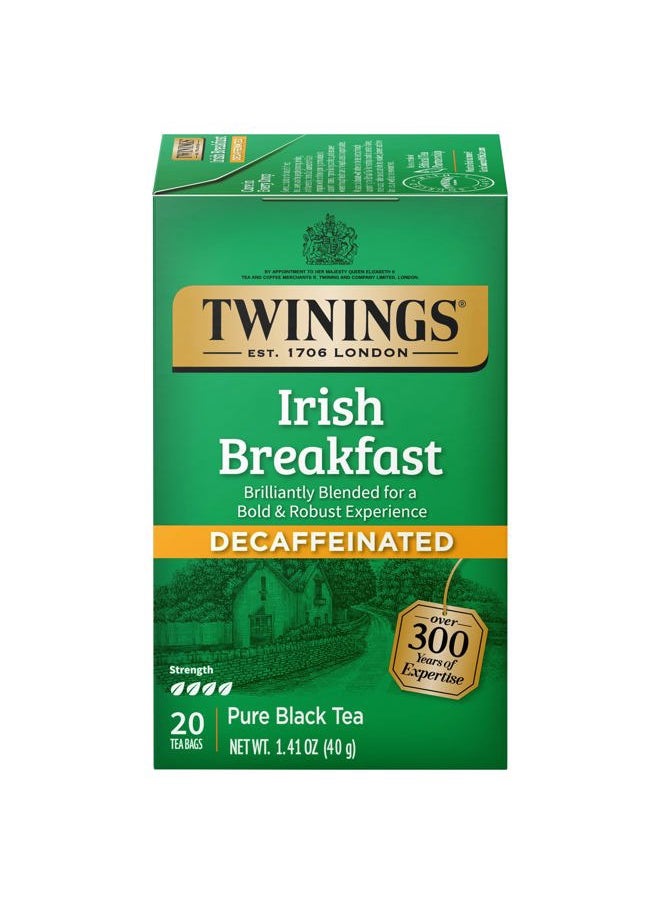 Twinings Irish Breakfast Tea, Decaf Tea Bags, Strong and Distinctive Black Decaffeinated Tea, 20 Individually Wrapped Tea Bags  - Image 1