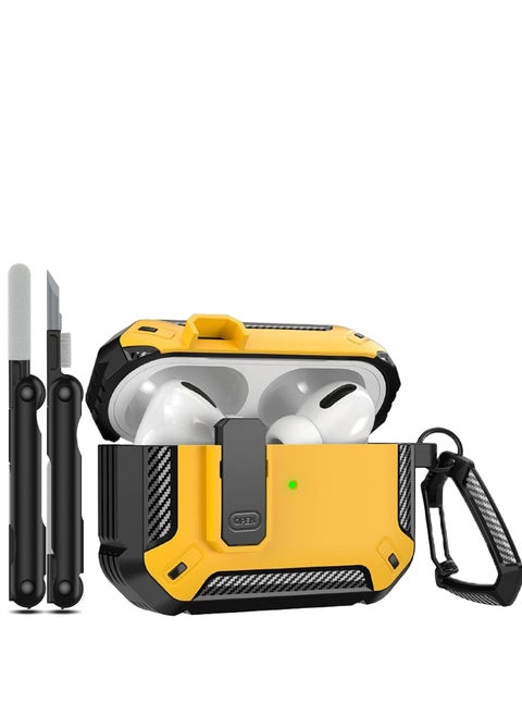 Airpods Pro 2 Case 2022, Airpods Pro 2 Locking Case with 3-in-1 Cleaning Tool, Drop-Proof Hard Case, Rugged Shock Sleeve with Key Fob, Compatible with Apple Airpods Pro 2 2022 (Black/Yellow)