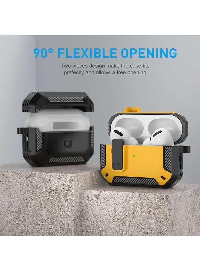 Airpods Pro 2 Case 2022, Airpods Pro 2 Locking Case with 3-in-1 Cleaning Tool, Drop-Proof Hard Case, Rugged Shock Sleeve with Key Fob, Compatible with Apple Airpods Pro 2 2022 (Black/Yellow)