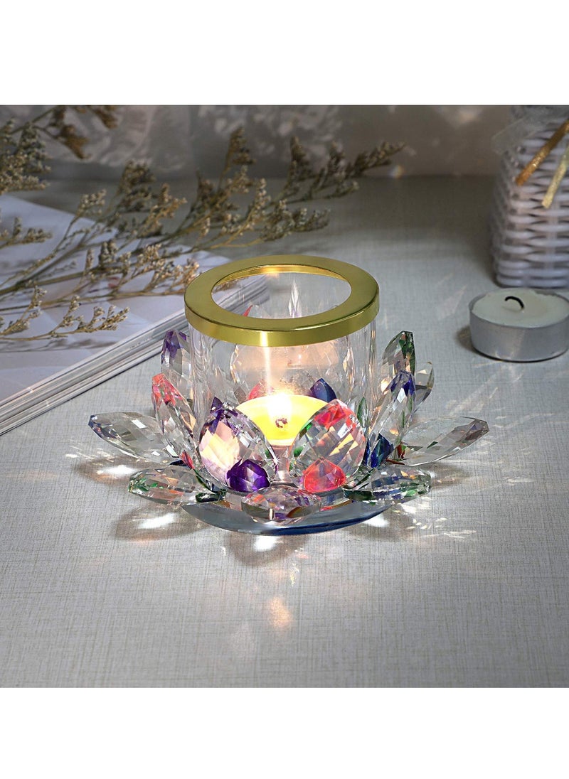 Colorful Crystal Lotus Tealight Candle Holder Votive Candle Stand with Glass Cover, Glass Lotus Petal Tea Light Holder Lotus Flower Pillar Candle Lamp Candle Centerpiece for Dining Table Altar  - Image 2