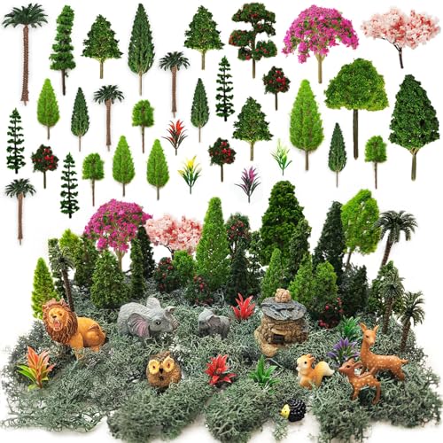 OrgMemory 45 Pcs Animal Tree, Moss, Forest Animals Figures, Plastic Trees for Projects, Model Train Scenery with No Bases, Miniature Trees Diorama Hobby Train Scenery - Image 1