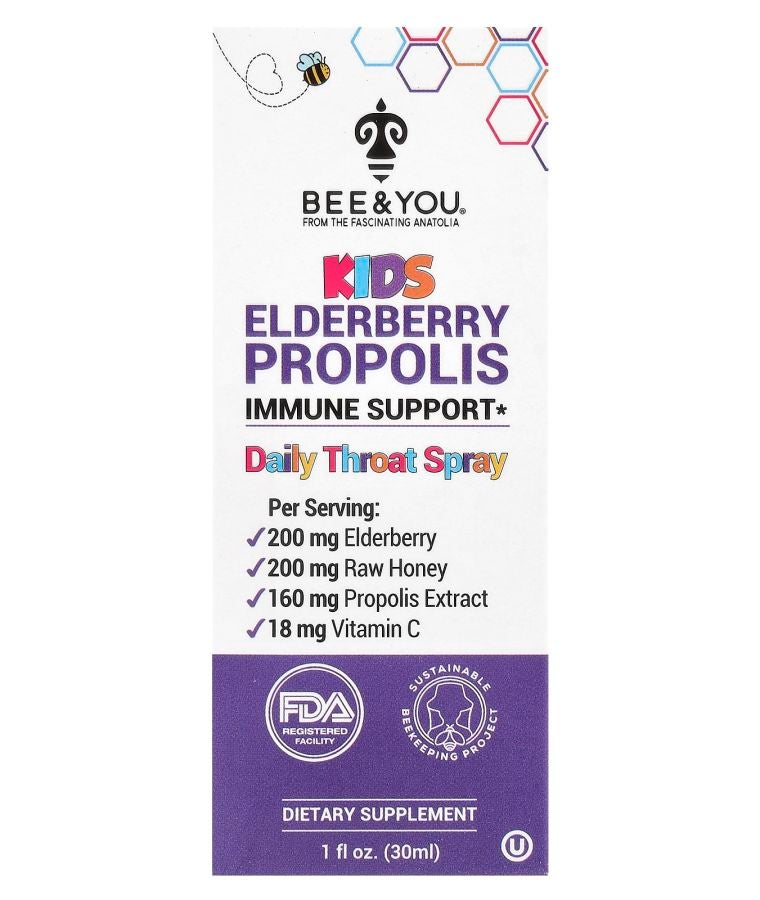 BEE & YOU Kids Elderberry Propolis Daily Throat Spray 1 fl oz (30 ml)