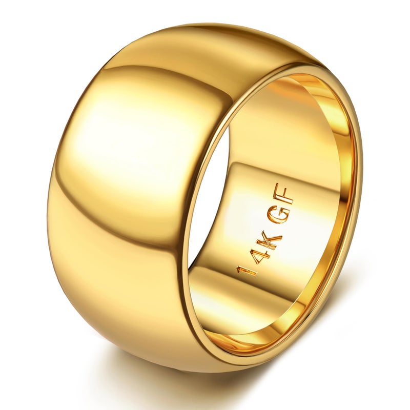 Florideco 12MM 14K Gold Filled Ring for Women Men Thick Thin Pinky Thumb Ring Wedding Band Non Tarnish Plain Domed Size 9 - Image 1
