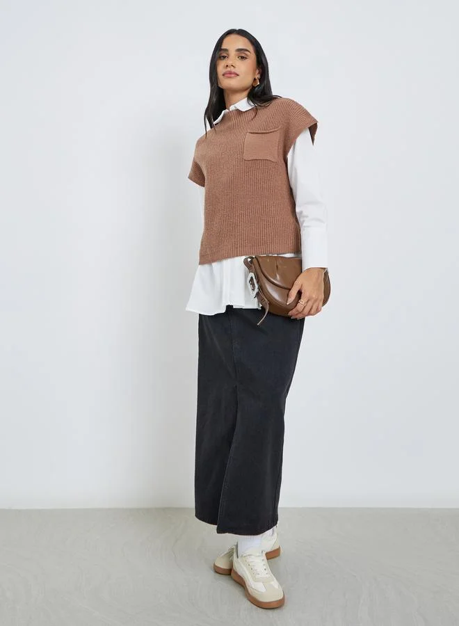 Styli Styli Brown Knit Vest Top with Pocket