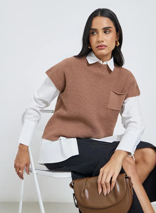 Styli Styli Brown Knit Vest Top with Pocket