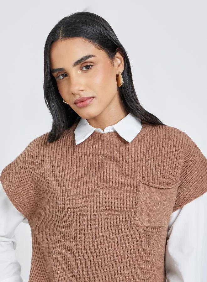 Styli Styli Brown Knit Vest Top with Pocket
