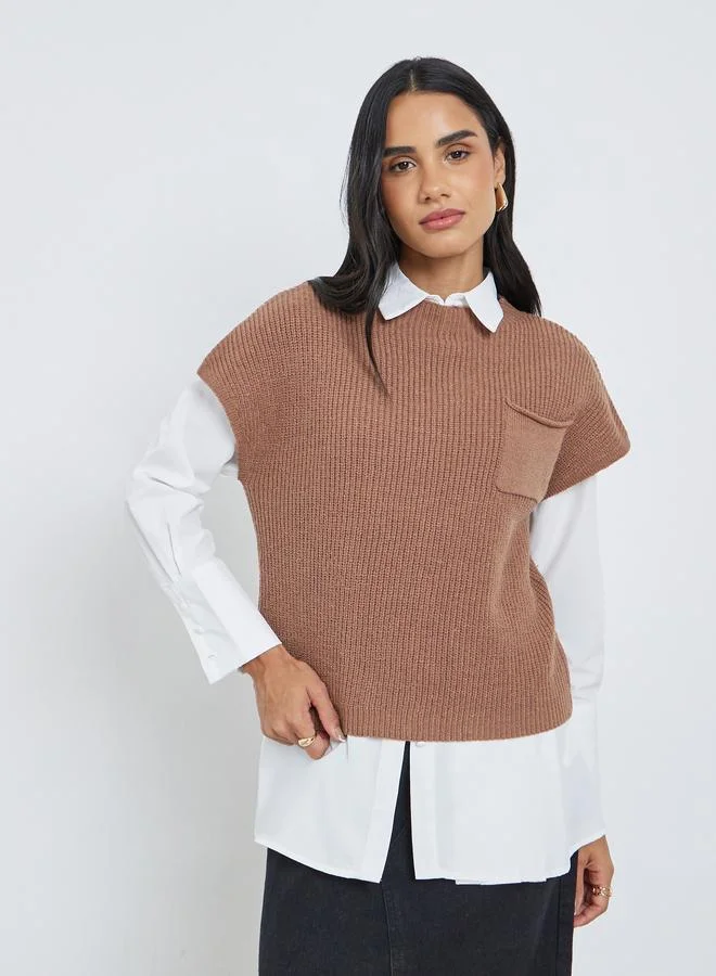 Styli Styli Brown Knit Vest Top with Pocket