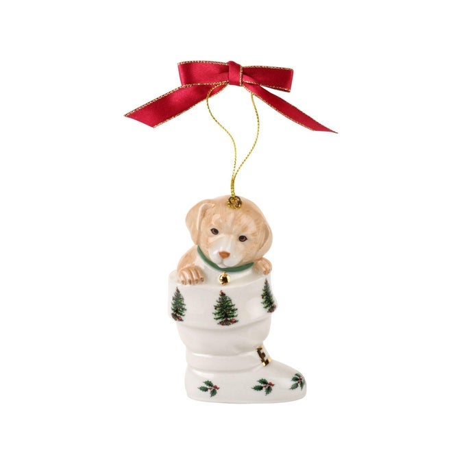 Christmas Tree Puppy in Boot Ornament Festive Holiday Bauble for Christmas Tree Earthenware Hanging Decoration with Red Ribbon for Easy Hanging Decorative Accent Keepsake Gift