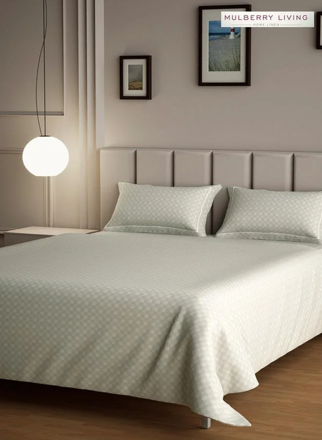 Mulberry Living 100% Cotton Queen Flat Bedsheet With 2 Pillow Covers - 300Tc Urban Grid - Ivory