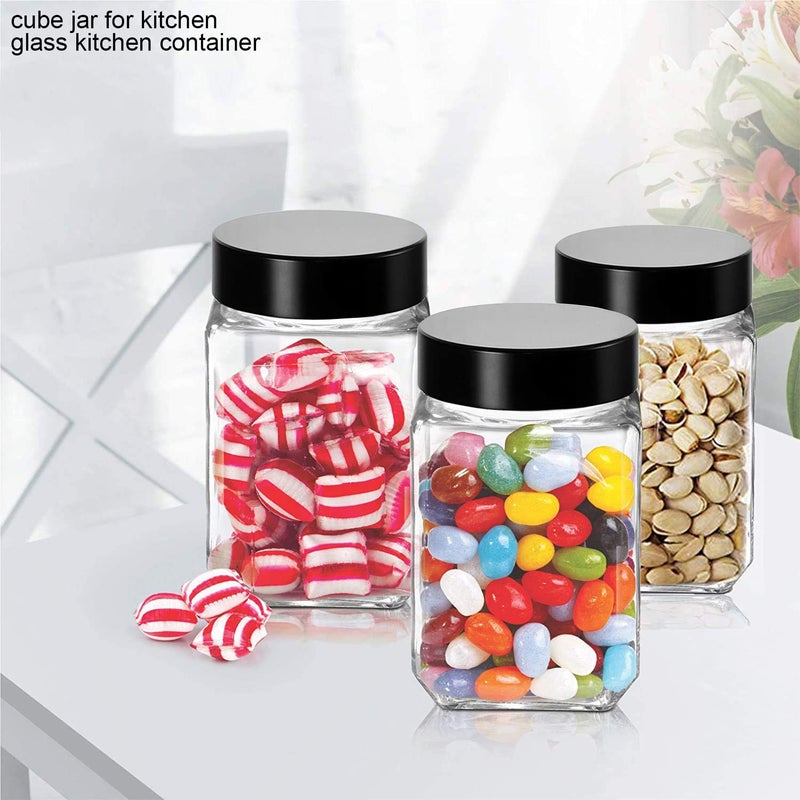 Brezzycloud Cubical Square 300ml Transparent Glass Jars & Containers for Kitchen, Cube Storage Glass Jar, 300 ml Each, Transparent Glass Jat with Black Color Plastic Airtight Lid (Set Of 6) - Image 4