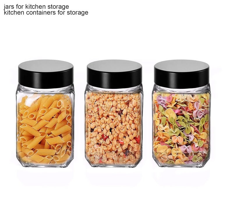 Brezzycloud Cubical Square 300ml Transparent Glass Jars & Containers for Kitchen, Cube Storage Glass Jar, 300 ml Each, Transparent Glass Jat with Black Color Plastic Airtight Lid (Set Of 6) - Image 5