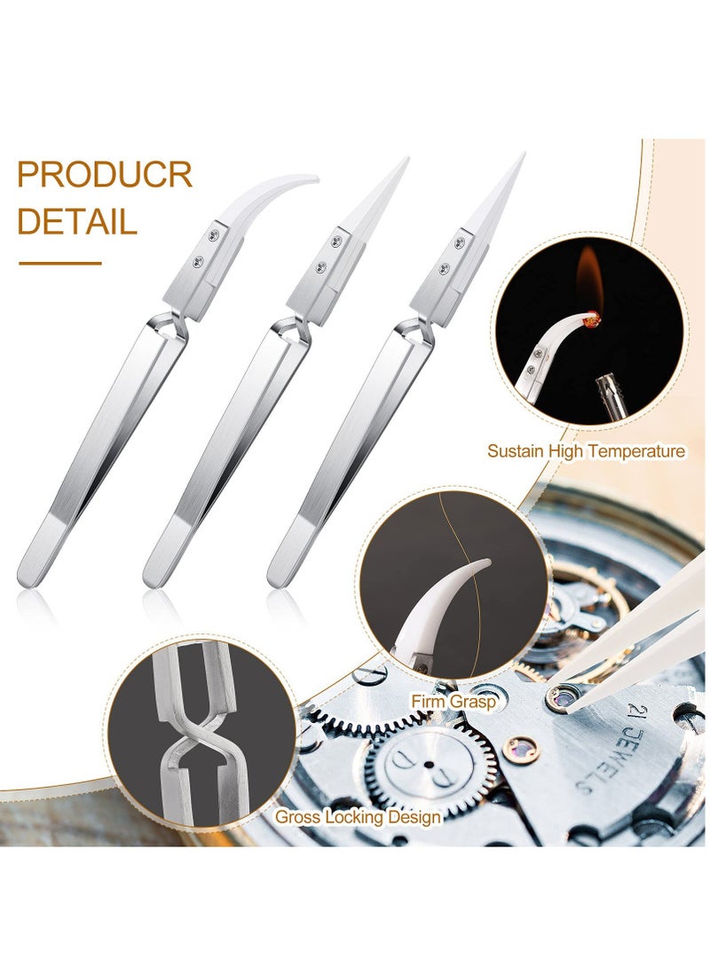 3 Pcs Ceramic Tweezers Stainless Steel Reverse Tweezers Heat Resistant Non Conductive Ceramic Tweezers for Precision Electrical Operation Silver Tone - Image 3