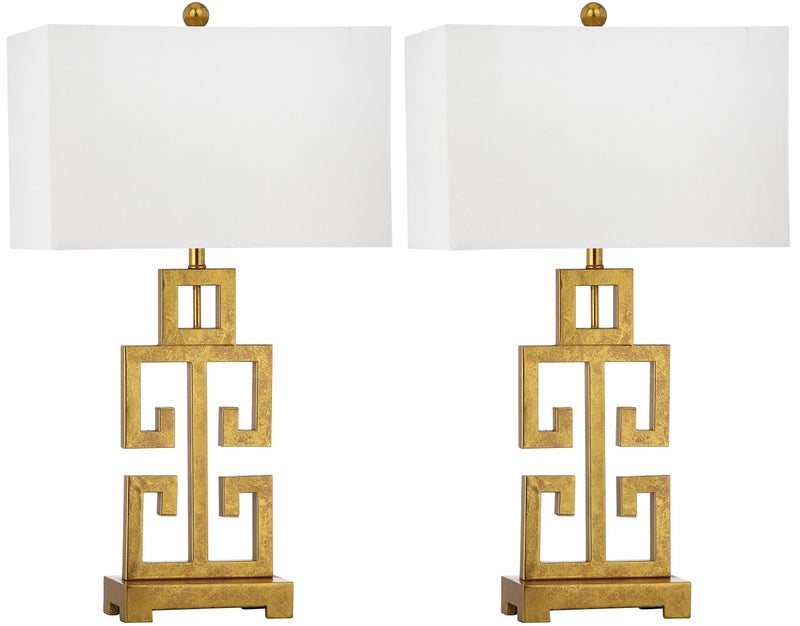 Safavieh SAFAVIEH Lighting Collection Greek Key Farmhouse Glam Antique Gold 29inch Bedroom Living Room Home Office Desk Nightstand Table Lamp Set of 2 LED Bulbs Included 